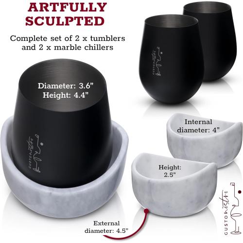 Gusto Nostro White Marble Wine Chiller for Glass and Stainless Steel Tumbler Set of 2 - Freezable Wine Glass Chiller Holder - Cool Set of Chillers and Stemless Metal Wine Tumblers for Home Bar (Black)