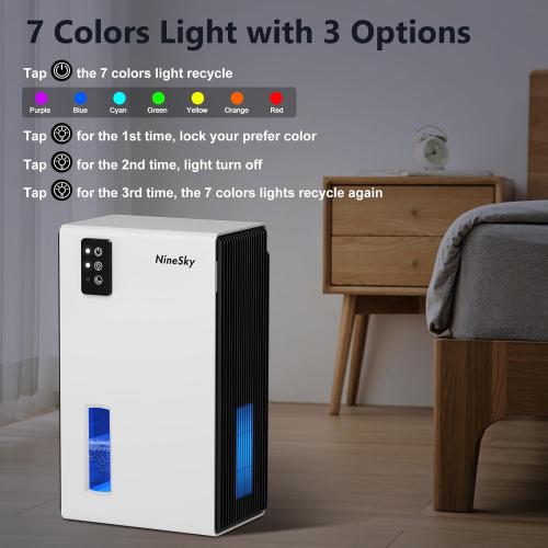 NineSky Dehumidifier for Home, 95 OZ Water Tank, (1000 sq.ft) Dehumidifiers for Bathroom Bedroom Basement with Auto Shut Off,7 Colors LED Light(White)