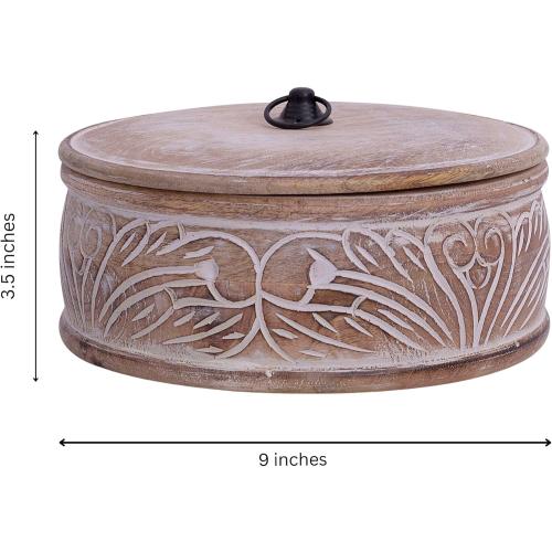 Handcrafted Wooden Mexican Tortilla Warmer Basket Indian Chapati Roti Bread Holder Box Pancake Keeper Serveware Hot Pot Casserole Dish With Lid Home Kitchen Dining Decor, Natural Brown, 9 x 3.5 Inches