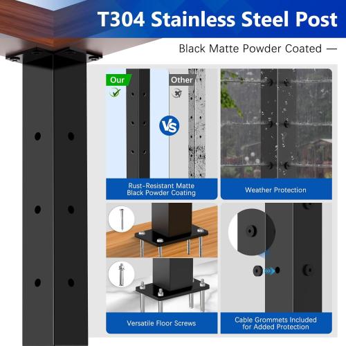 2Pack 42 T304 Stainless Steel T-Drilled Corner Post Cable Railing Black(Post 41x2x2), 3-Sides Flat Top One-Post Corner Solution, 90° Drilled Post with Cable Grommets for Corner Railing
