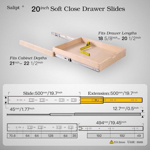 20 inch Soft Close Drawer Slides Set 6-Pairs (12 Pieces),Full Extension Side Mount Ball Bearing,Less Noise,Load Rating 100 lbs.