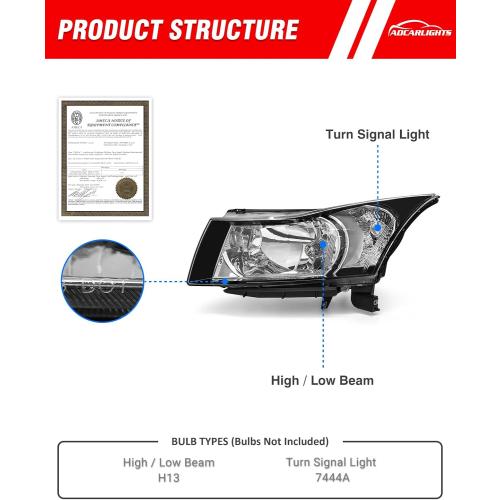 Compatible with Chevy 2011-2015 Cruze LS/LT/LTZ Black Housing Headlight Assembly fit 2016 Cruze Limited Matte Clear Lens Headlamp Replacement Driver and Passenger Pair（W/O Bulbs）