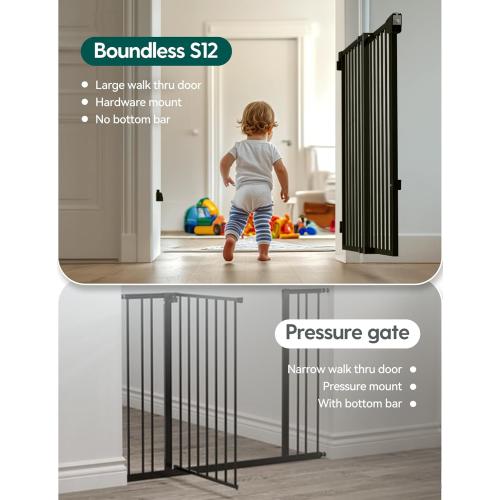 Babelio 29.7-46.5 No Bottom Bar Baby/Dog Gate for Stairs, House and Doorways, Auto Close Safety Pet Gates with Large Walk Thru Door, Hardware Mount, Black