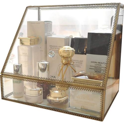 Vintage Makeup Organiser Clear Mirrored Brass Metal Case Spacious Cosmetic Storage for Makeup/Jewelry/Brushes/Perfumes/Skincare Glass Display Cabinets Dustproof Make Up Storage