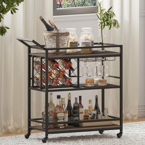 FATORRI Bar Cart for The Home with Wine Rack and Glasses Holder, Small Home Bar Serving Cart on Wheels for Liquor and Alcohol (Walnut Brown)