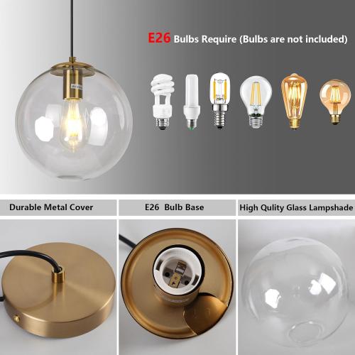 Modern Globe Glass Pendant Light 10” Mid Century Pendant Light Gold Finish Adjustable Hanging Light Fixture Clear Glass Lampshade Kitchen Island Light for Dining Room Bedroom Living Room