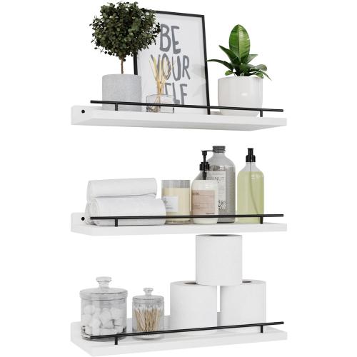 Set of 3 Color Black and White WOPITUES Floating Shelves with Black Metal Guardrail, Shelves for Wall Decor Set of 3, Wall Shelves for Bedroom, Bathroom, Kitchen, Living Room, Plants, Picture Frames, Art- Black and White