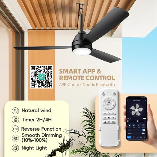 PBLALA 52 Outdoor Ceiling Fans with Lights,Plug in Ceiling Fan Light,Gazebo Fan Light,Hanging with Hook,50W,3CCT,App&Remote Control,6-Speeds,DC Motor,Portable Fan for Patios,Pergola