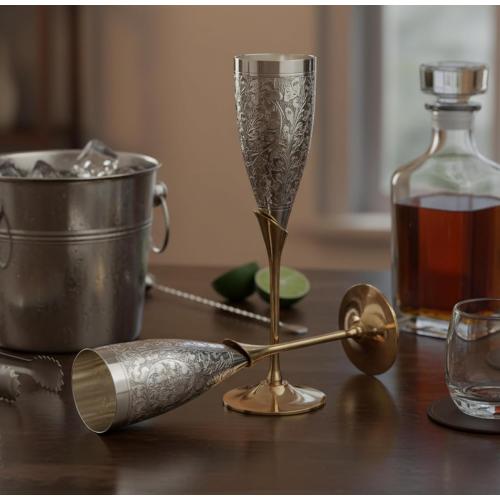 StonKraft Engraved Brass Goblet Champagne Glasses Flutes Coupes Wine Glass Set (Slender) - Silver Polished