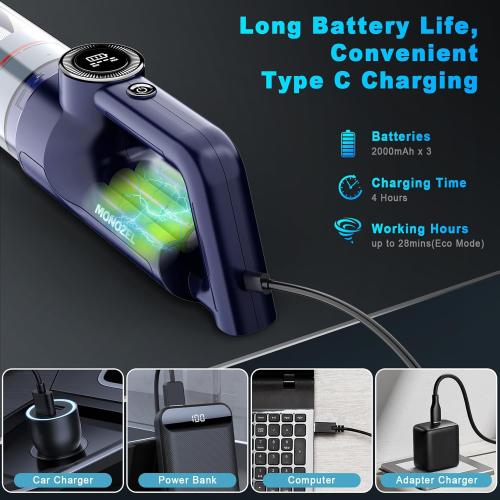 Handheld Vacuum Cordless - Car Vacuum Cleaner with Brushless Motor, 15000Pa Strong Suction with LED Light, Type C Cable, 2 Fliters, Portable Hand Vacuum for Home, Pet and Car
