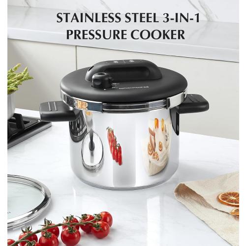KOCH SYSTEME CS Stainless Steel Pressure Cooker 8.5QT, Olla de Presion, 18/10 Stainless Steel Pressure Cooker, Easy One-Press Lock, Stovetop Pressure Cookers, Induction Ready, Glass Lid & Steamer