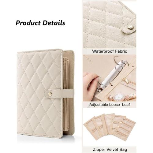 TANG SONG Leather Travel Jewelry Organizer Case – Velvet-Lined Zipper Pouch for Earrings, Necklace & Rings Portable Gift for Women (White)