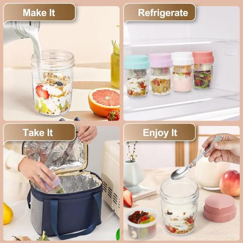 16oz Overnight Oats Jars, Yogurt Containers with Lids and Folding Spoons, 4 Pack Leak-Proof Wide Mouth Mason Jars Divided Compartments for Fruit & Nuts, Glass Jars with Measure Marks for Cereal Salad