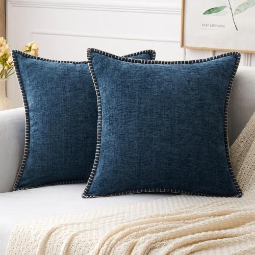 MIULEE Pack of 2 Couch Throw Pillow Covers 16x16 Inch Dark Blue Farmhouse Decorative Pillow Covers with Stitched Edge Soft Chenille Solid Dyed Spring Pillow Covers for Sofa Bed Living Room