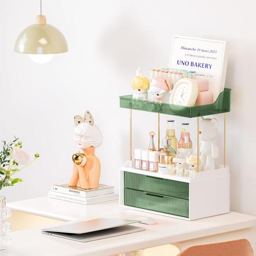 Bathroom Counter Organizer, 2-Tier 2-Drawer Makeup Organizer Countertop, Easy to Install, Ideal for Bathroom Storage, Vanity, Perfume, Large Skincare, Present, and More, DarkGreen