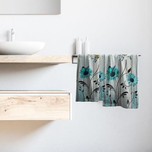 Teal Floral Hand Towels Set of 2 Rustic Daisy Fingertip Towel Soft Absorbent Guest Bath Towel Kitchen Dish Towel for Spa Home Bathroom