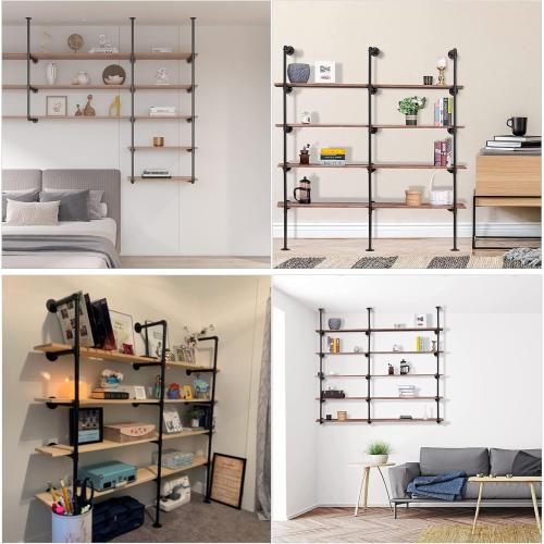 Pynsseu Industrial Iron Pipe Shelf Wall Mount, Farmhouse DIY Open Bookshelf, Pipe Shelves for Kitchen Bathroom, bookcases Living Room Storage, 3Pack of 5 Tier.