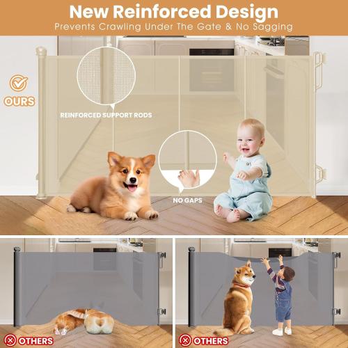 Reinforced Retractable Baby Gate or Mesh Dog Gate,Easy to Use for Stairs, Doorways, Hallways, Indoor, Outdoor, Wide Pet Gate 33.5 Tall, Extends to 65 Wide (Cream, 65 Wide)
