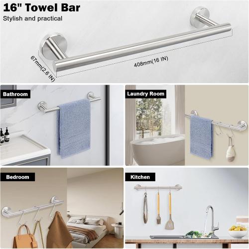 Livabber 3 Pieces Bathroom Accessories Set, 304 Stainless Steel Bath Hardware Kit with 16” Towel Bar   2 Robe Hooks, Wall Mounted Towel Rack for Kitchen, Shower Room (Brushed Nickel)