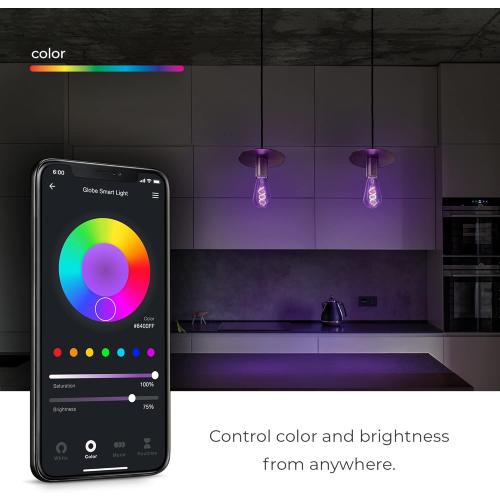 GLOBE Electric 35847 Wi-Fi Smart 7W (60W Equivalent) Spiral Filament Multicolor Changing RGB Tunable White Clear LED Light Bulb, No Hub Required, Voice Activated, 2000K - 5000K, ST19 Shape, E26 Base