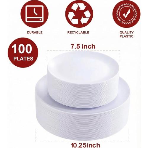 PULOTE 100PCS White Plastic Plates Disposable - Heavyweight 50 White Dinner & 50 Dessert/Salad Plates for Wedding, Party