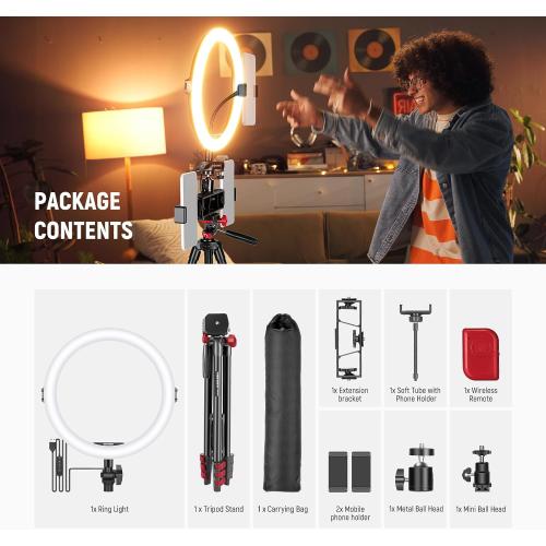 NEEWER Basics 10 Selfie Ring Light with Tripod Stand/3 Phone Holders Compatible with iPhone/3 Cold Shoes/Remote, LED Ringlight Lighting for YouTube TikTok Vlog Video Recording Makeup Streaming, R11