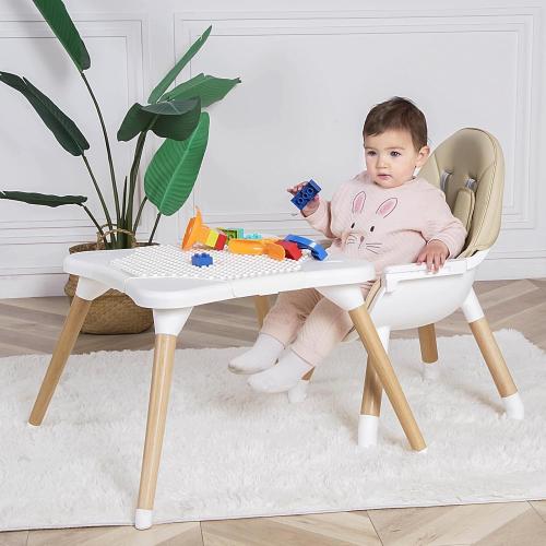 Beige 6 in 1 High Chair for Babies & Toddlers, Convertible Wooden Baby Highchair, Table and Chair Set, Baby Feeding Chair, 5-Point Adjustable Harness/4-Position Removable Tray& PU Seat Cushion