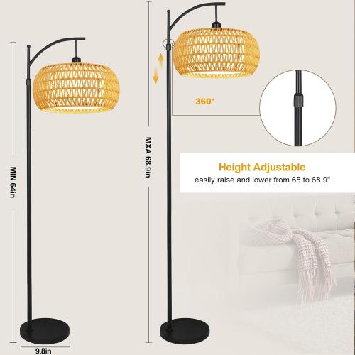 Arc Floor Lamps for Living Room Rattan Boho Floor Lamp with Remote Control,Dimmable LED Floor Lamp Wicker Lamp Shades Black Standing Lamp with 3 Color Temperature Tall Floor Lamps For Bedroom Corner