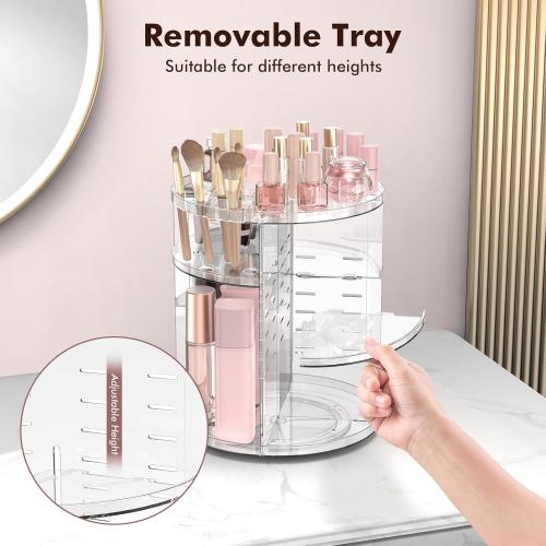 Rotating Makeup Organizer, Adjustable Vanity Organizer, Large Capacity Cosmetic Display Case for Spinning, Storage Carousel for Bathroom and Vanity Countertop, Clear