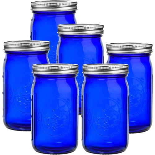 eleganttime Blue Mason Jars Wide Mouth,6 Pack Cobalt Blue Colored Mason Jars 32 oz for Canning, Pickling, Storage, DIY Crafts & Décor