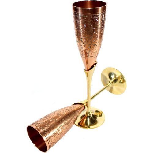StonKraft Engraved Brass Goblets Champagne Glasses Flutes Coupes Wine Glass Set (Slender Copper)
