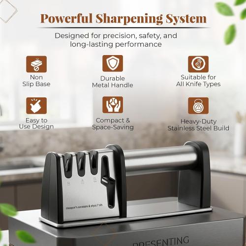4-in-1 Manual Knife & Scissor Sharpener — 4-Stage Sharpening System with Cut-Resistant Glove | Restores Dull Blades Fast | Non-Slip Base | Silver | Large, 1 Pc