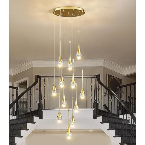 Raindrop Crystal Chandelier High Ceiling: 12 Lights Remote Dimmable LED - Large Long Modern Bubble Hanging Pendant Light Fixture Teardrop Spiral Chandeliers for Living Room Staircase Entryway Foyer