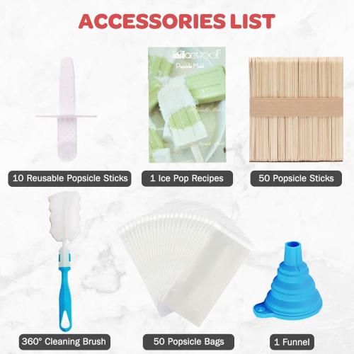 Miaowoof Homemade Popsicle Molds, 10-Cav Non-BPA Silicone Ice Pop Maker, with 50 Sticks, 50 Bags, 10 Reusable Sticks, Funnel, Brush and Ice Pop Recipe (Red)