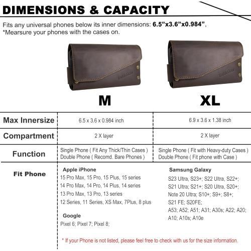 Brown Leather Double Phone Case for Two Phones, Double Phone Holster for Men Belt, Belt Clip Dual Phone Pouch for iPhone 16 Pro Max, Samsung Galaxy S23 Ultra, for Work, Construction, Large Brown
