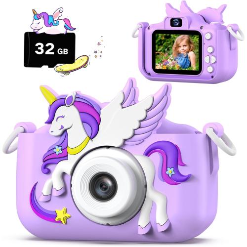 Purple Unicorn Upgrade Kids Camera for Boys Girls, Toddler Digital Selfie Camera with Cute Protective Cover and 32G SD Card, Christmas Birthday Gifts Toys for 3 4 5 6 7 8 9 10 11 12 Years Old Little Girls and Boys