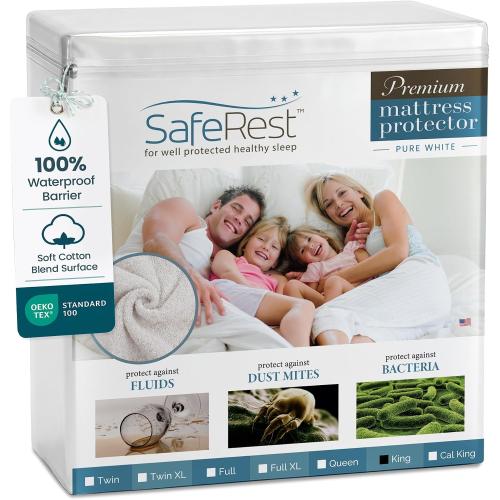 SafeRest Waterproof King Size Mattress Protector - Fitted with Stretchable Pockets - Machine Washable Cotton Blend Mattress Cover for Bed