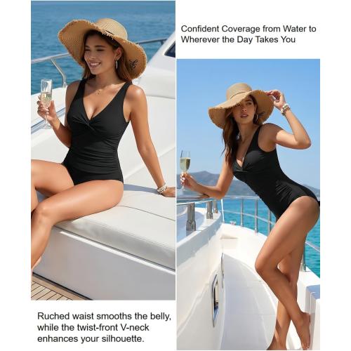 Holipick Women Medium Black Tummy Control One Piece Swimsuit - Push Up Bathing Suit Full Coverage Slimming Swimwear