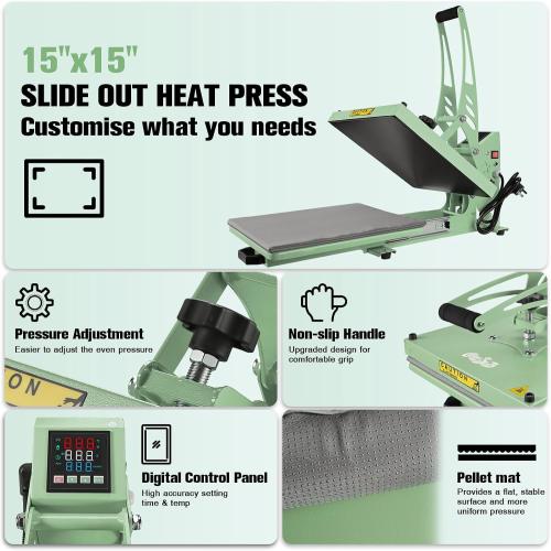 Heat Press 15x15 Slide Out Heat Press Machine, Industrial Digital Heat Transfer Machine Sublimation for T-Shirt Green