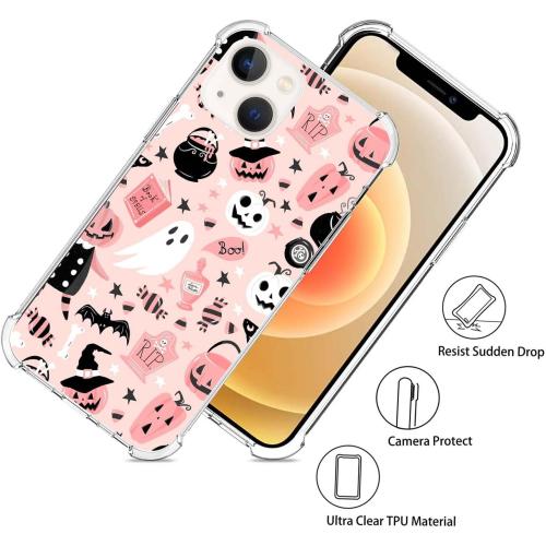 Pink Halloween Pumpkin Ghost Case Compatible with iPhone 13, Witchy Pumpkin Halloween Boo Cover for iPhone 13, Cool Cute TPU Bumper Phone Case Cover for iPhone 13