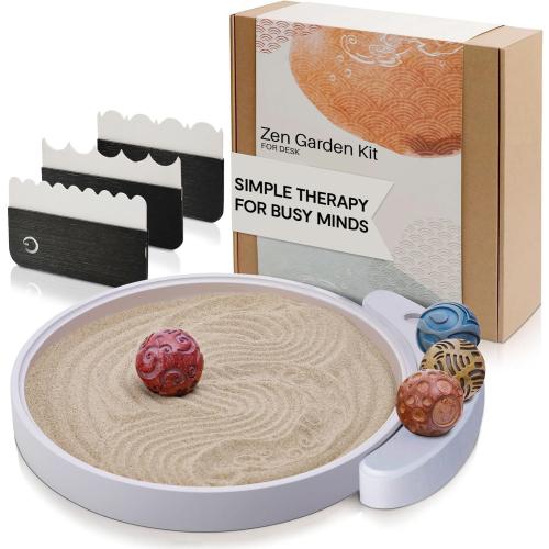 ENSO Japanese Zen Garden Kit for Desk - Inori Premium Sand Garden Gift Set for Meditation Therapy - Mini Zen Décor Office Desktop Accessories - Solid Wood Tray, 4 Hand Crafted Spheres & Custom Holder