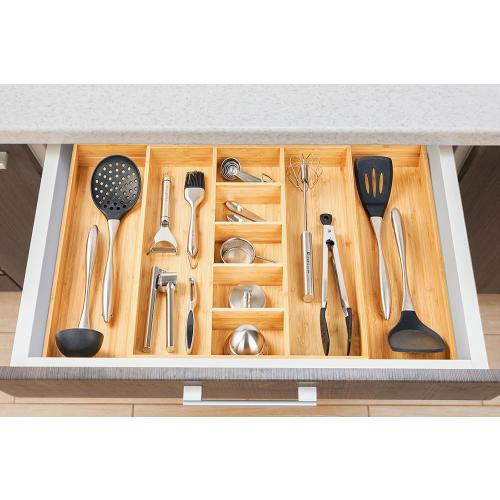 Umilife Extra Large Expandable Kitchen Drawer Organizer for Utensil and Junk, 19 Deep for Big Drawer, 17 to 28 Adjustable Bamboo Wood Drawer Divider, Cutlery Tray, Flatware Holder