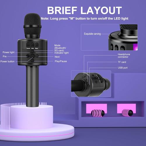 BONAOK Karaoke Microphone for Kids & Adults - Bluetooth Microphones Singing Mic with Disco Lights, Echo Effect, Built-in Speaker Portable Karaoke Player for Party Travel Gifts Q78(Black)