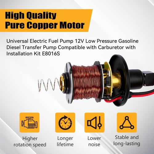 Universal Electric Fuel Pump 12V 2.5-4.5 PSI Inline External 5/16 Inch Compatiable with Gas Diesel Marine Carburetor Marine E8016S