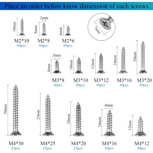 525Pcs M2 M3 M4 Phillips Flat Head Self Tapping Wood Screws,304 Stainless Steel, 13 Sizes Cross Countersunk Sheet Metal Screws Assortment for Wood,Plastic and Metal.Coarse Threaded, Sharp Point