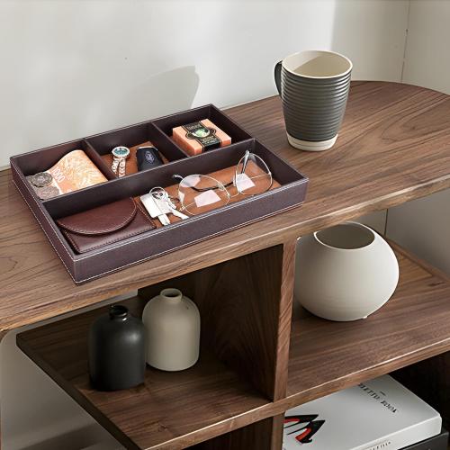 Size 11.85×7.91×1.61 Color Brown Faux Leather Valet Tray for Men, Stackable Jewelry Organizer for Drawers Inserts, Nightstand Caddy Tray for Key, Wallet, Sunglass, Watch, Coin, Phone, Bedside Desktop Storage Brown