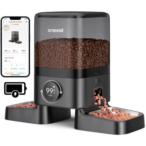 oneisall Cordless WiFi Automatic Cat Feeder for 2 Cats, Rechargeable 100-Day Battery Operated Auto Cat Feeder, 20 Cups/5L Timed Cats Food Dispenser Automatic for Large Kibble, Smart App Control
