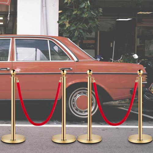 VEVOR Stanchions and Velvet Ropes 4Pcs, Solid Base with Stainless Steel Post, 5ft Red Velvet Ropes and Posts, Crowd Control Barriers Gold Stanchions, Red Carpet Runner Poles for Party Supplies