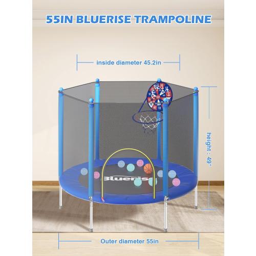 Size 55IN 6FT  Trampoline 55IN 6FT Toddler Trampoline for Kids Indoor Outdoor Play for Kids Trampoline Basketball Hoop Attachment with Enclosure Net Easy to Assemble Outdoor Indoor Trampoline