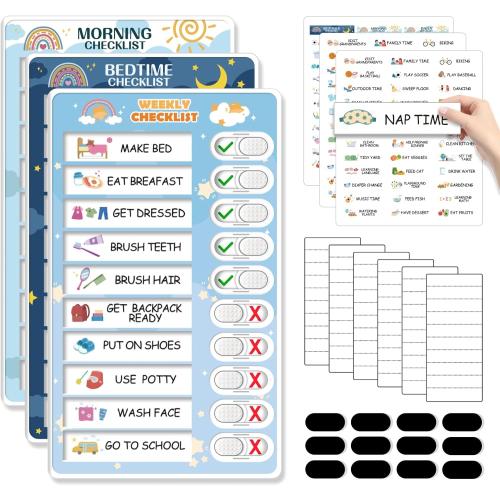 3 in 1 Bedtime/Morning/Weekly Routine Chart for Kids, Magnetic Chore Chart for Kids, Visual Schedule for Kids Toddlers Schedule Board for Home